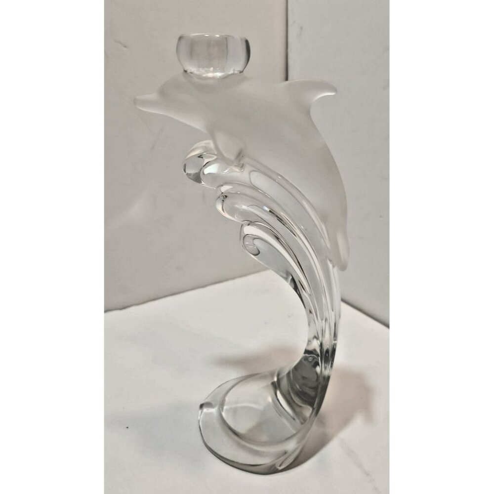 Vtg Lenox Germany Crystal Candle Holder Frosted Dolphin on Clear Glass Wave 9"
